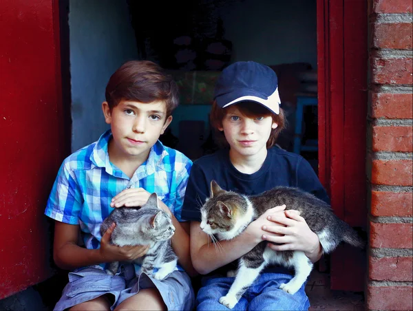 Two preteen boys with cats on knees