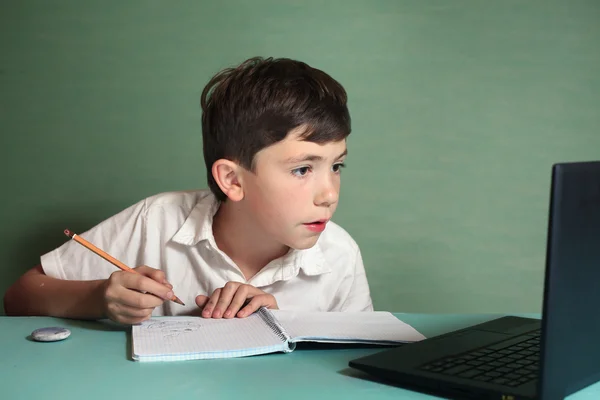 Preteen handsome boy has online drawing lesson