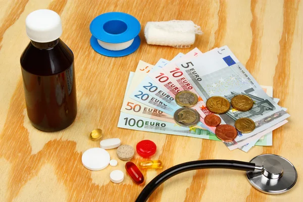 Medical pills and stethoscope in euro money background