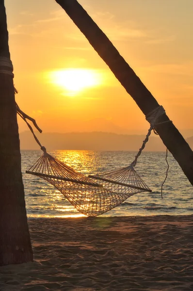 Sunrise with coconut palm trees and hammock on tropical beach background at Phayam island in Ranong province