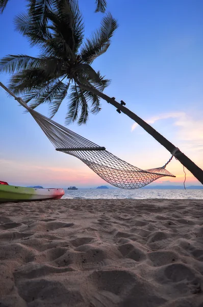 Sunrise with coconut palm trees and hammock on tropical beach background at Phayam island in Ranong province, Thailand