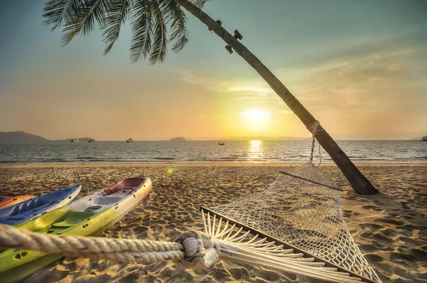 Sunrise with coconut palm trees and hammock on tropical beach background at Phayam island in Ranong province, Thailand