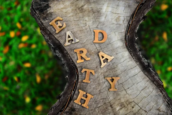 Wooden earth day word on wood log background