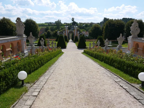 View down from castle courtyard to castle garden and gate