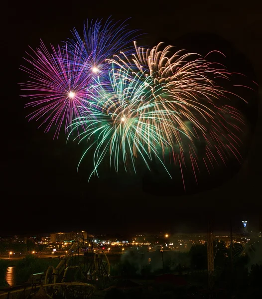 Big colorful fireworks explode in Montreal fireworks festival in dark sky,fireworks festival, 4 July, Independence, fireworks explode,New Year, fireworks in Montreal isolated in dark background,Canada