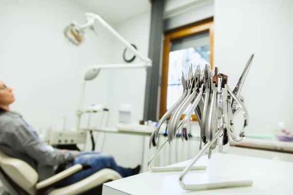 Set Of Metal Dentist\'s Medical Equipment Tools In Dental Clinic