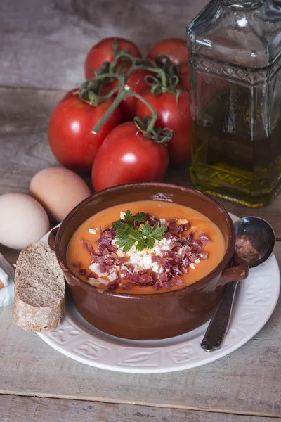 Tomato salmorejo soup in a bowl, spanish food