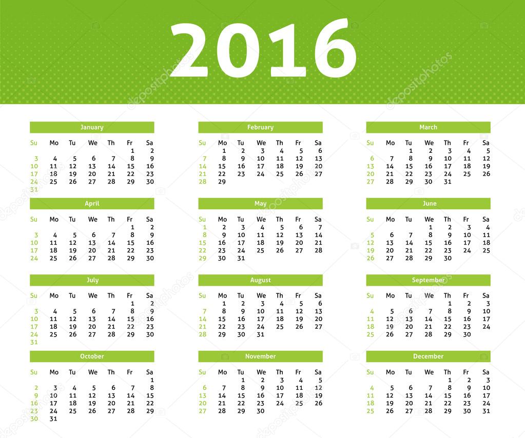 Calendrier de l'année 2016 dans le style de demiteinte ligh vert