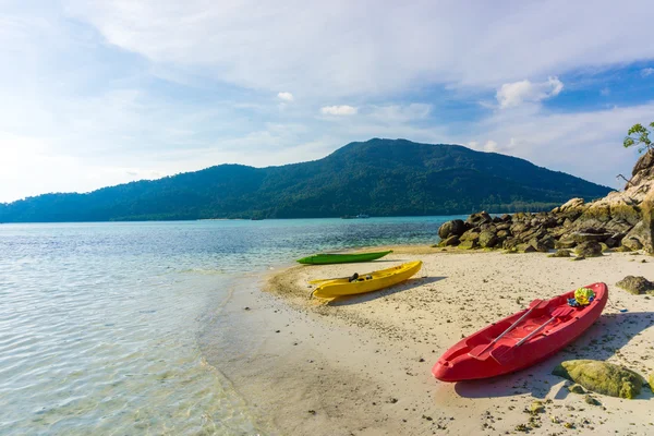 Yellow kayak on the sea. Kayaking on island