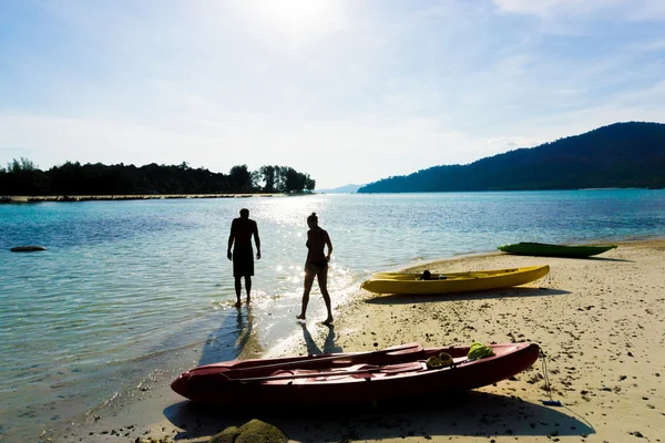 Yellow kayak on the sea. Kayaking on island