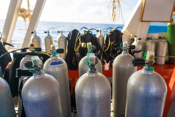 Set of diving equipment on the boat