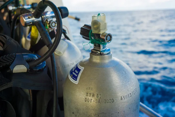 Set of diving equipment on the boat