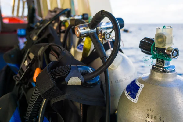 Set of diving equipment on the boat