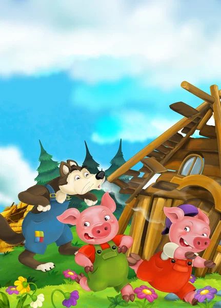 Cartoon scene of house being demolished - wolf and pigs
