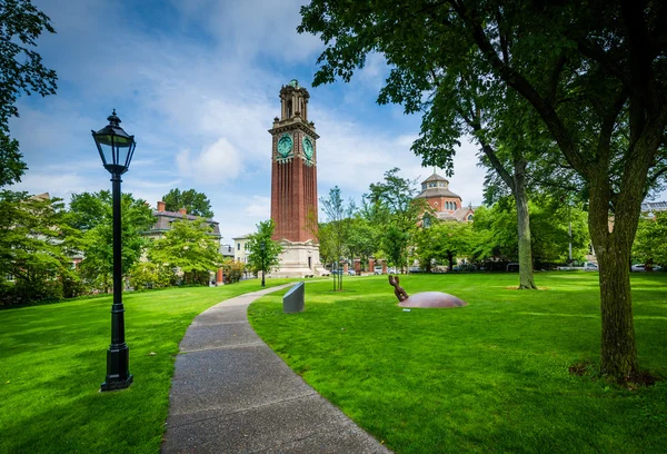 Walkway and the Carrie Tower, on the campus of Brown University,