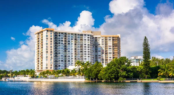 Building along the Collins Canal, in Miami Beach, Florida.