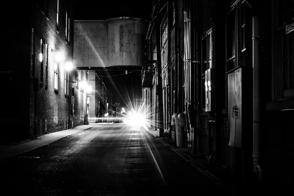 Dark alley at night in Hanover, Pennsylvania.