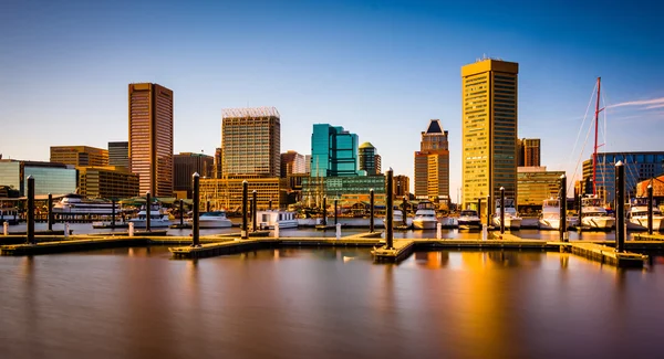 Long exposure of docks and the skyline at the Inner Harbor in Ba