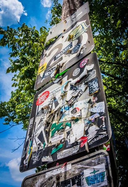 Road sign covered in stickers in Little Five Points, Atlanta, Ge