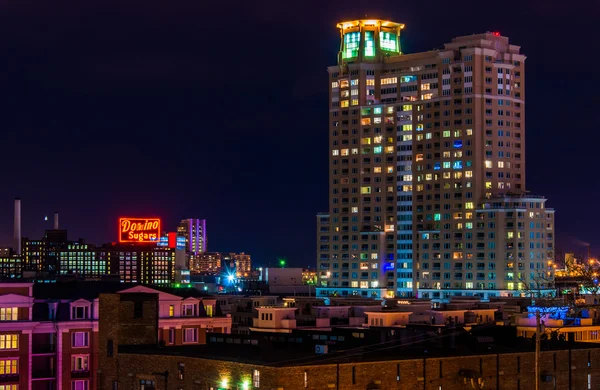 The Domino Sugars Factory and HarborView Condominiums at night f