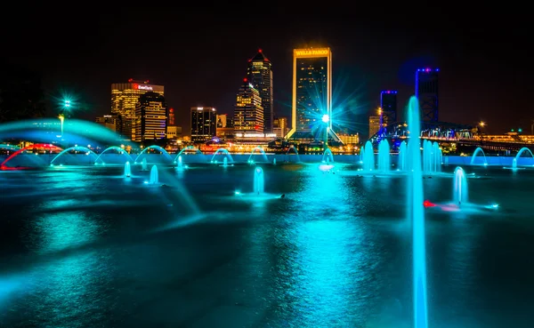 The Friendship Fountains and view of the skyline at night in Jac