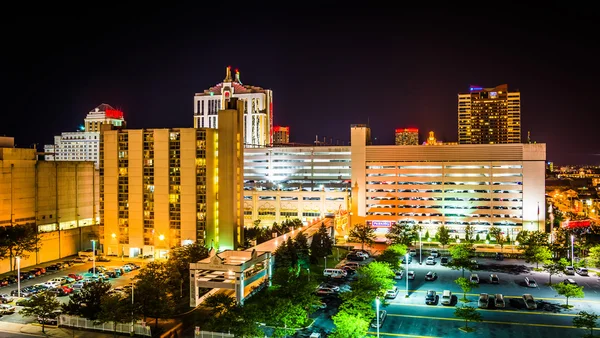 View of buildings at night from the Showboat Parking Garage in A