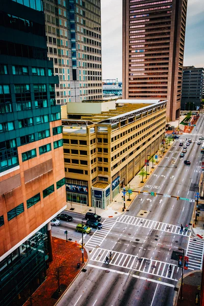 View of skyscrapers along Lombard Street from a parking garage i