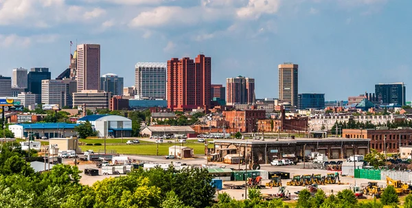 View of the skyline and industrial areas from I-95 in Baltimore,
