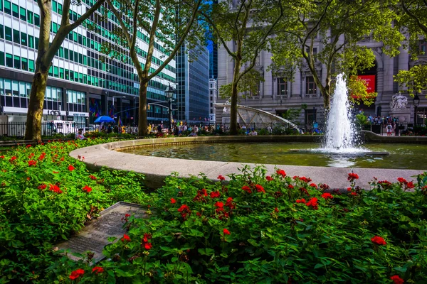 Flowers and fountains at Bowling Green, in Lower Manhattan, New