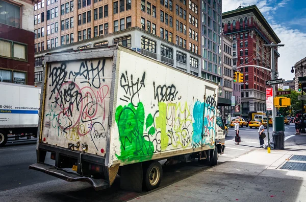 Graffiti-covered truck in Manhattan, New York.