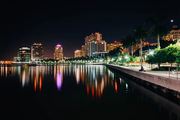 The skyline at night in West Palm Beach, Florida.