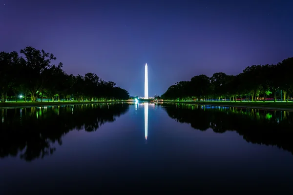 The Washington Monument reflecting in the Reflection Pool at nig