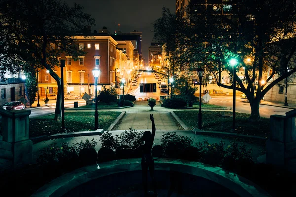 Small park in Mount Vernon at night, in Baltimore, Maryland.