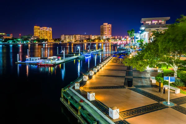 View of the Riverwalk at night in Tampa, Florida.