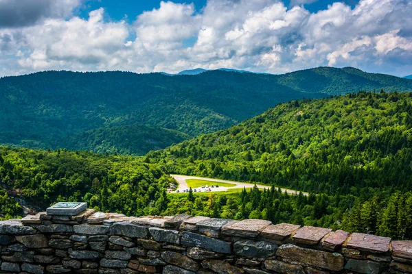 Stone wall and view of the Blue Ridge from Devils Courthouse, ne