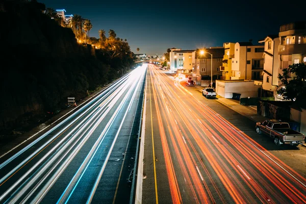 Traffic on Pacific Coast Highway at night, in Santa Monica, Cali