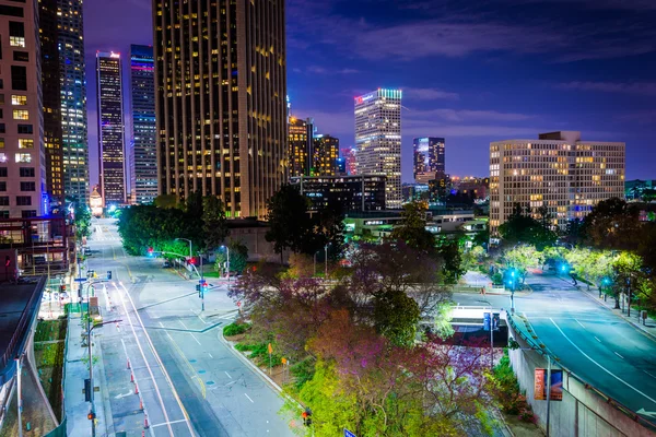 View of buildings and streets at night, in downtown Los Angeles,