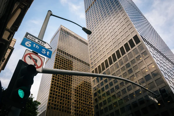 Skyscrapers and street sign in the Financial District, in downto