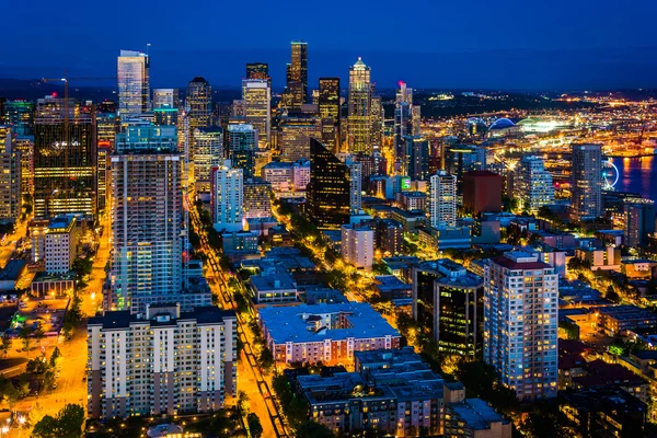 View of the downtown Seattle  skyline at night, in Seattle, Wash