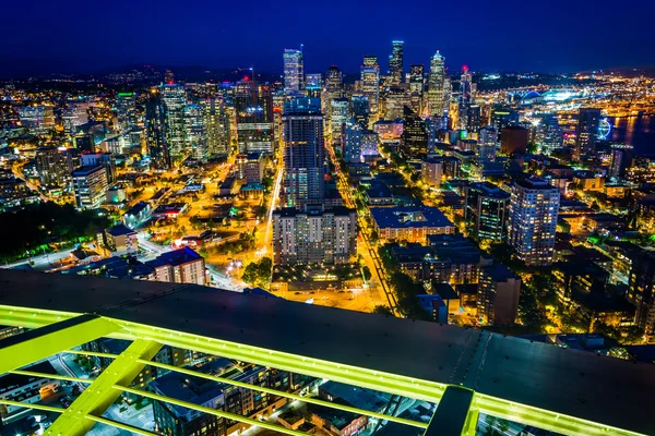 View of the downtown Seattle  skyline at night, in Seattle, Wash