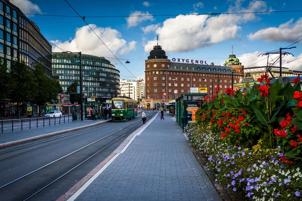 Garden and buildings along Siltasaarenkatu in Helsinki, Finland.