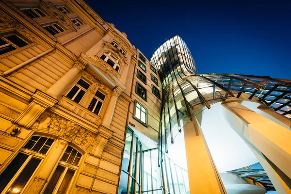 The Dancing House at night, in Prague, Czech Republic.