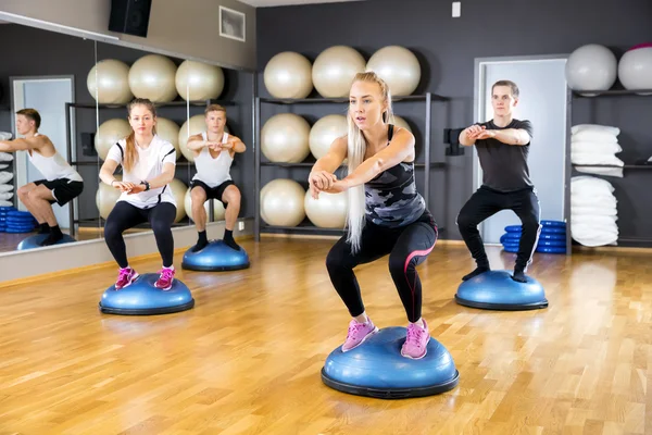 Dedicated group trains squats on half ball at fitness gym