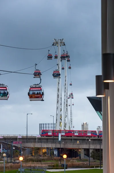 Gondolas of the Emirates Air Line cable car in London on a rainy day