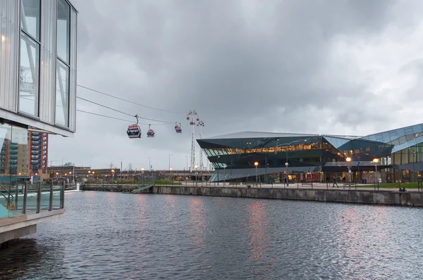 Royal Victoria Docks cable car station on a rainy day.