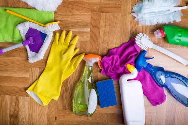 Cleaning supplies on the floor