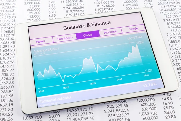 Chart or graph with stock market data application on tablet