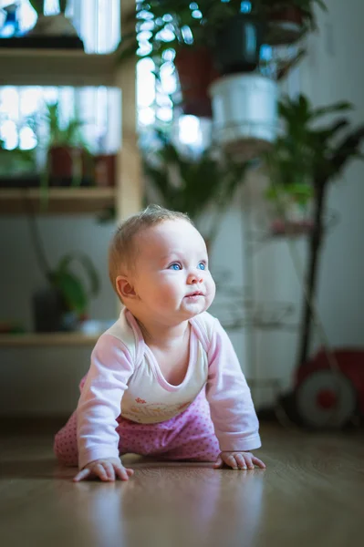 Adorable baby girl crawls on all fours floor at home. Smiling