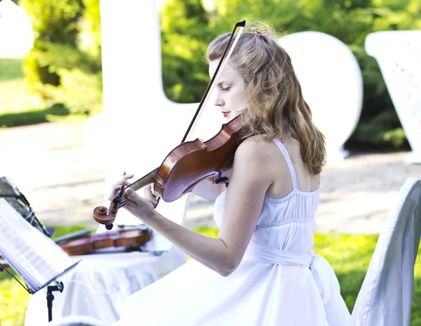 Girl playing on the violin outdoors. Musician for the wedding.Violin under the open sky