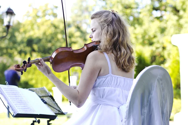 Girl playing on the violin outdoors. Musician for the wedding.Violin under the open sky